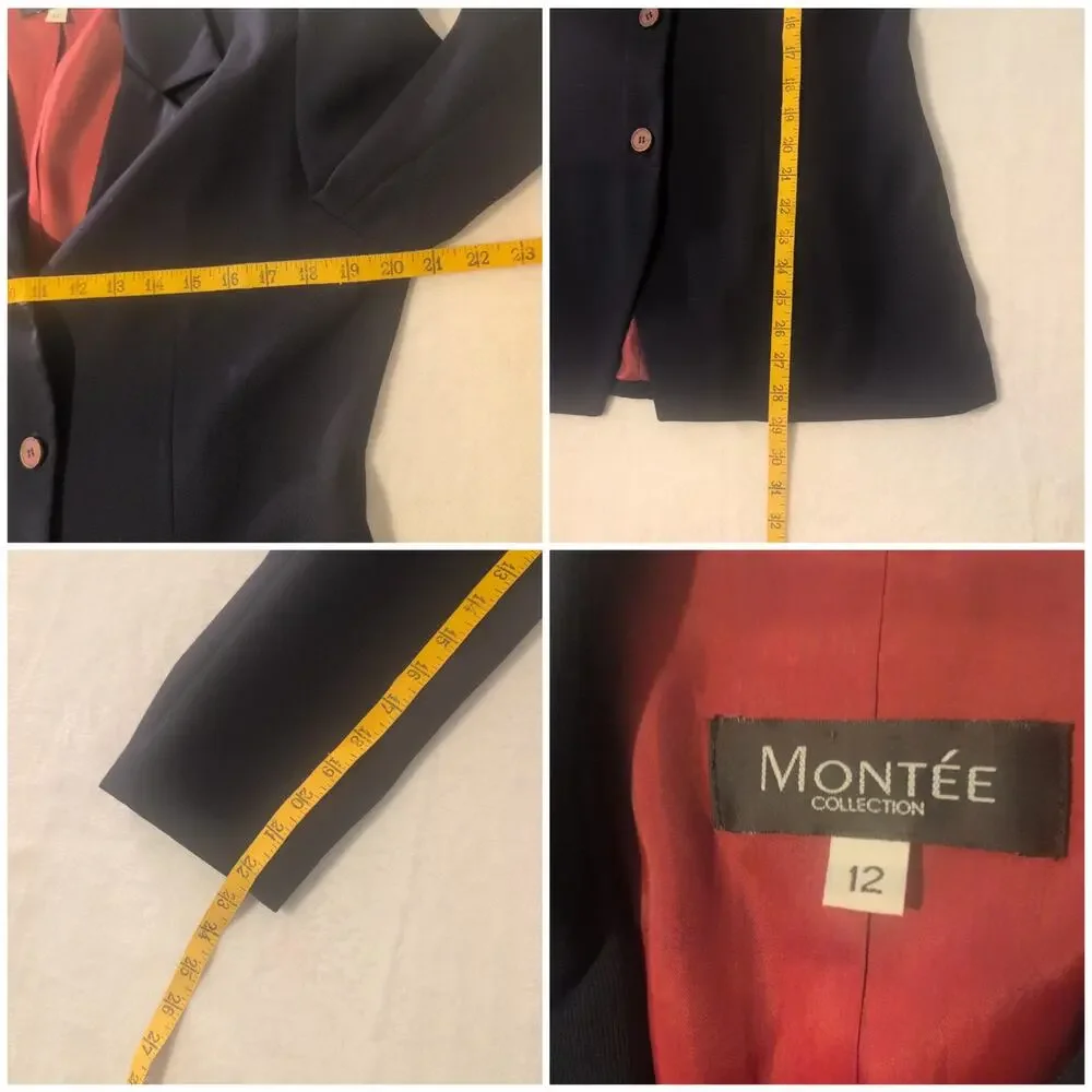 Vintage Montee Collection 3 Button Navy Skirt Suit Blazer Women's 12 (Fits 10)